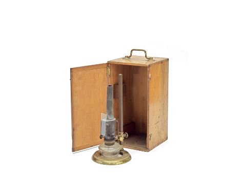 A microscope bench illuminant in case, English,  circa 1900,the circular brass ring base with adjustable paraffin lamp with g