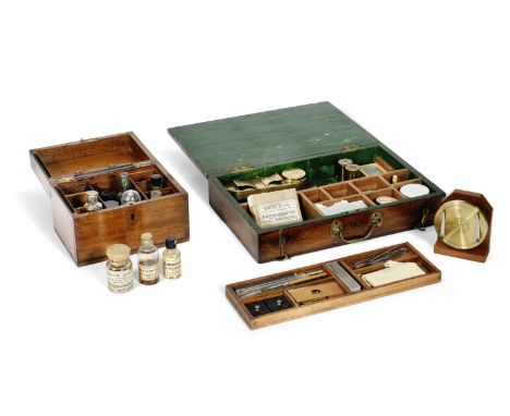 Two microscope slide preparation cabinets, English, late 19th century,the larger repurposed from an artist's paintbox with sl