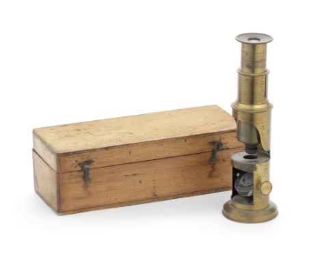 A small drum monocular compound microscope, English, mid 19th century,in oak case together with two boxes of microscope speci