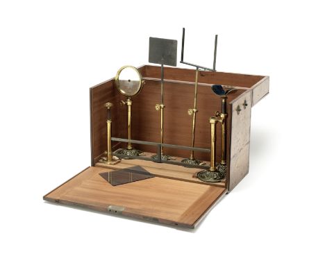 A Focault knife-edge test apparatus by Weiss, English, late 19th century,the mahogany case fitted with bench mirror with peep