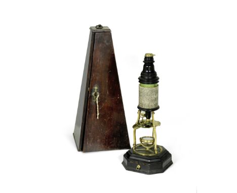 A Culpeper-type compound monocular microscope,  English, circa 1740,with brass eyepiece and sliding cover, turned ebony nosep