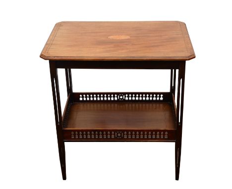 Edwardian mahogany and satinwood inlaid table, with pierced square legs joined by a shelf with arch pierced sides.70cms x 68.