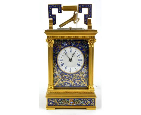 Enamel Champlevé carriage clock, 19th Century, the case of architectural design with four Corinthian capital corner columns. 