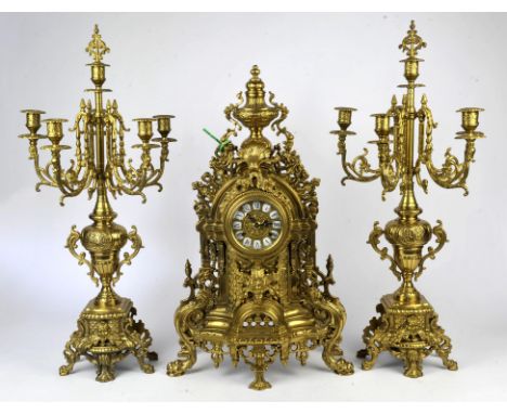 20th century brass clock garniture, the French-style brass clock with enamel roman numerals, the movement by FHS Germany, str
