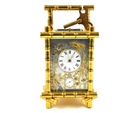 An Aesthetic Movement carriage clock, in the Japanese taste, 19th Century, the pillars and handle moulded in the form of bamb