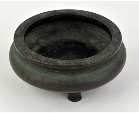 An austere bronze incense burner on three circular feet; with circular, oviform body; the base with four-character artisan, o