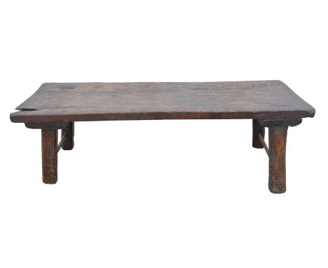 Continental walnut or chestnut pig butchery bench, on facetted legs, joined by stretchers, 38cm high x 122cm wide x 39cm deep
