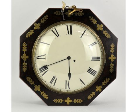 19th century  rosewood and mahogany octagonal cased single fusee wall clock, the white enamel dial with roman numerals, 44cm 