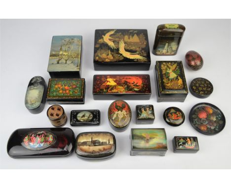 A collection of modern Russian lacquer ware boxes and other items, to include nine various boxes of rectangular form decorate