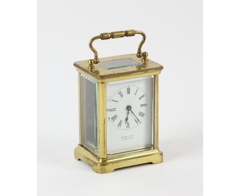 French brass carriage clock, the white enamel dial with Roman numeral chapter ring, signed to the front Bennett and Co., Blac