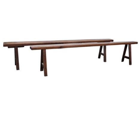Pair of walnut farmhouse benches, 19th Century, 46cm high x 214cm wide x 15cm deep (2)Condition Report:  Generally good condi
