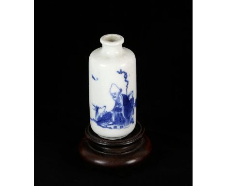 A blue and white Chinese snuff bottle of cylindrical form decorated with the Daoist theme of Shoulao beside a stag; the base 