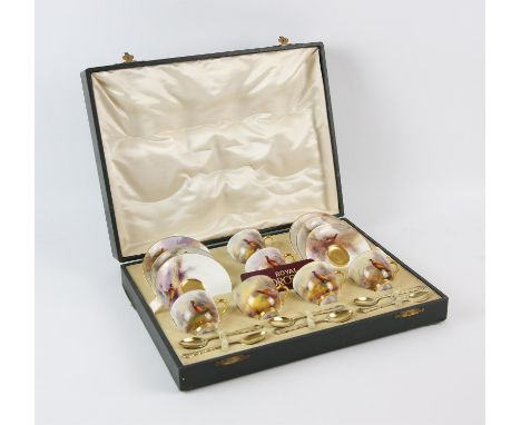 A Royal Worcester porcelain presentation tea set by James Stinton, decorated with pheasant in moorlands, signed to cups and s