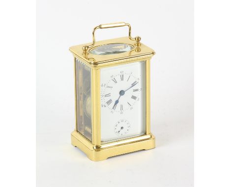 French brass carriage clock, with white enamel dial with Roman and Arabic numeral chapter ring, with alarm dial, 11.5cm high,