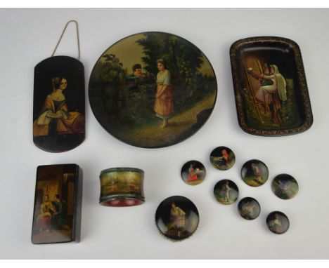 Collection of lacquered items, to comprise a case, probably German/Austrian decorated with a portrait of a lady, 19th Century