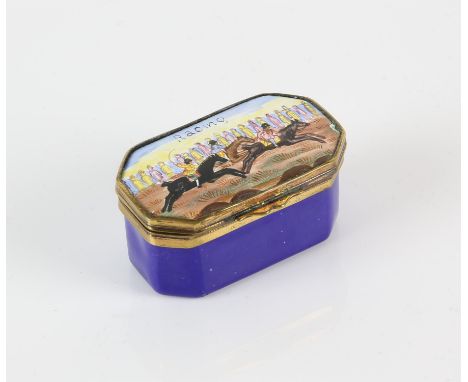 19th century enamel snuff box, of horse racing interest in rectangular canted form, the hinged lid depicting a steeplechase a