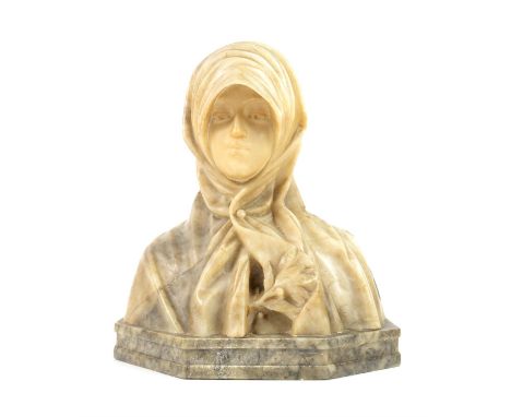 A grey and veined alabaster bust of a lady, late 19th Century, wrapped in cloak with a hood, holding a berried branch, on a h