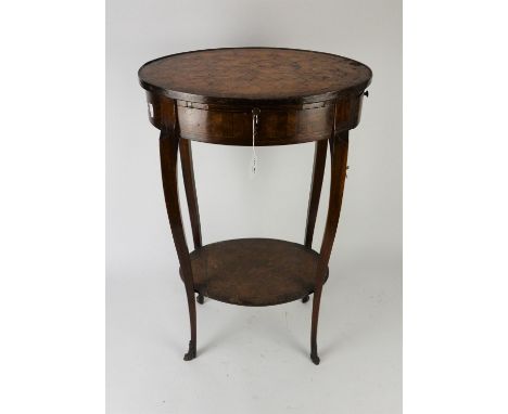 French parquetry oval table, late 19th/early 20th Century, the top with low rim, with leather covered slide, single frieze dr