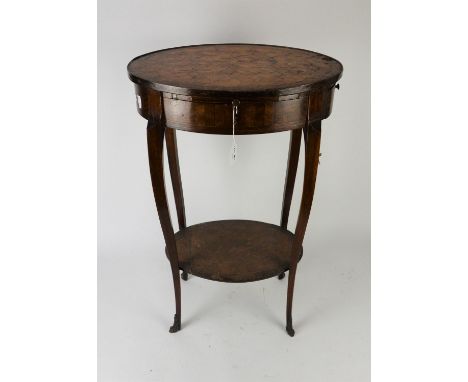 French parquetry oval table, late 19th/early 20th Century, the top with low rim, with leather covered slide, single frieze dr