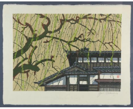 Jun'ichirô Sekino (1914-1988) house by a tree, woodcut , signed in pencil  at bottom right, framed and glazed. 42cm x 54cmCon