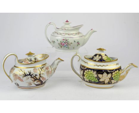 An academic collection of New Hall porcelains, early 19th Century, to comprise three tea pots and covers, one with vine and g