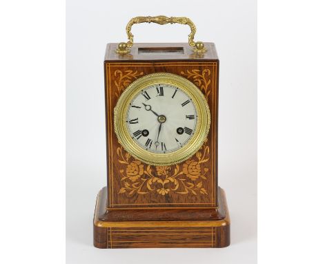 Rosewood and florally inlaid mantel clock, 19th Century, with a gilt metal engine turned bezel, the silvered dial with Roman 