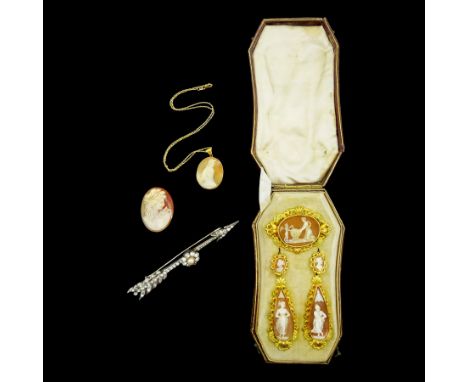 19th century gilt cameo earrings and brooch, in fitted velvet and silk lined case, silver paste stone set and simulated pearl