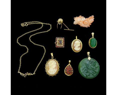 9ct gold jewellery including garnet ring and pendant, coral brooch, jade pendant, ruby necklace and a diamond wishbone ring a