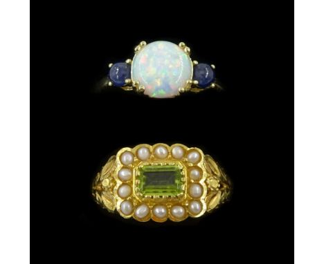Silver-gilt three stone opal and sapphire ring, stamped 925 and silver-gilt peridot and split pearl cluster ring, stamped Sil