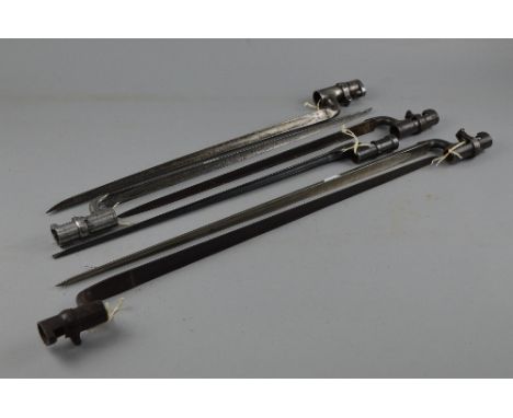SIX VICTORIAN ERA SOCKET SPIKE BAYONETS, none with scabbards, five of the six have the screw clip circular ring fixing, one h