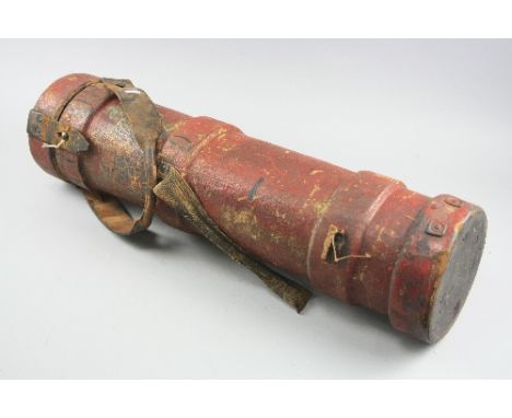 A BRITISH 18TH CENTURY MILITARY SHELL CARRYING CASE, approximately 75cm tall, with carry straps, its main colour is red, with