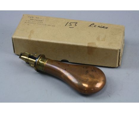 A REPRODUCTION COPPER/BRASS POWDER FLASK, by W. Marsh, Sheffield, boxed, good condition