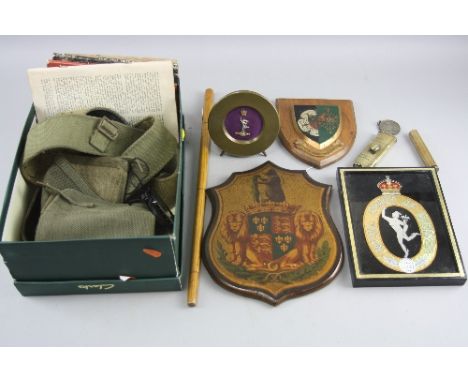 A BOX CONTAINING A NUMBER OF MILITARY ITEMS, RCS (Royal Corps of Signals) plaques, badges, webbing, envelope containing Touri