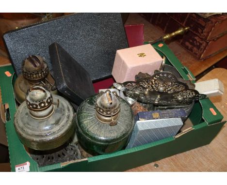 Miscellaneous items to include Victorian oil lamps, a copper coal scuttle, fire tools etc