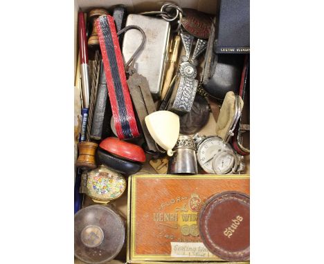 Miscellaneous items to include Halcyon Days enamel patch box, vintage yoyo, pen, scales, etc