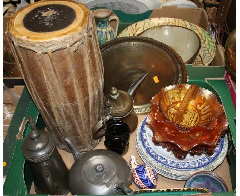 Miscellaneous item to include a pewter teapot, carnival glass, and a brass dish