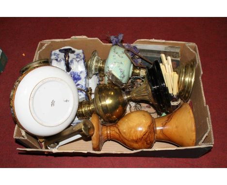 Miscellaneous items to include a turned olive wood vase and a Victorian brass oil lamp