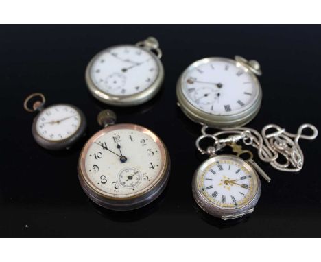 A continental lady's silver cased open faced pocket watch, having a jewelled white enamel dial; together with four various ni