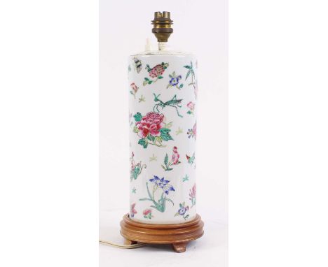 A Chinese porcelain cylinder vase, enamel decorated with flowers, later converted into a table lamp, height 34cm including fi