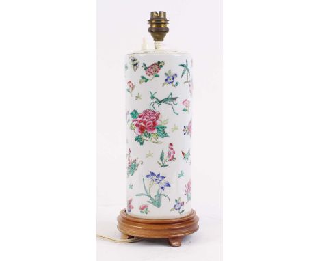 A Chinese porcelain cylinder vase, enamel decorated with flowers, later converted into a table lamp, height 34cm including fi