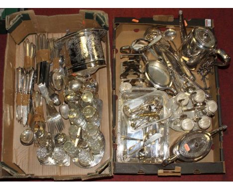 A collection of silver plated items to include an Edwardian tea set by James Dixon &amp; Sons, egg cruet and loose flatware