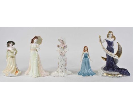 A collection of five Royal Doulton, Coalport and Royal Worcester porcelain figures of ladies, to include Royal Worcester Dest