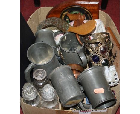 Miscellaneous items to include pewter tankards, cut glass decanters, and a brass light shade