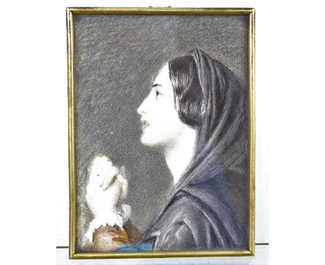 A 19th century portrait miniature of a young lady in prayer, painted on ivory, 12x8.5cm, together with a further portrait min