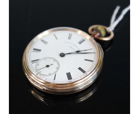 Thomas Russell &amp; Son, gent's 9ct gold cased open faced pocket watch, having signed white enamel dial with subsidiary seco