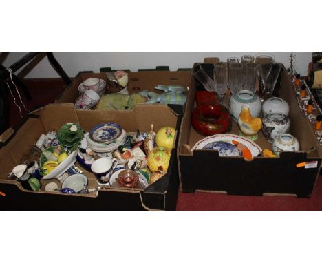 Three boxes of mixed glassware and ceramics, to include a Chinese enamel decorated ginger jar, cottage ware honeypot, and Vic