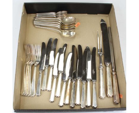 An Elizabeth II part silver cutlery suite, in the Pembury(?) pattern, to include six table forks, six soup spoons, six desser