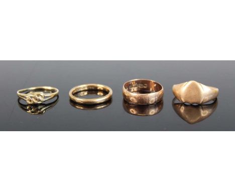 A 9ct gold signet ring (cut), together with a 9ct gold wedding band, one other, and a 9ct gold Celtic knot ring, gross weight
