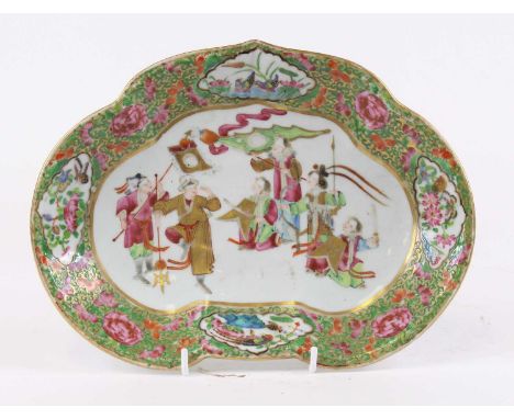 A 19th century Chinese Canton porcelain dish, gilt and enamel decorated with figures, width 28cmWear to enamel decoration, pa