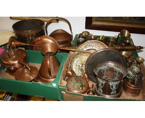 Four boxes of brass and copper wares to include Victorian copper range kettle, Victorian copper measure, and a brass and copp